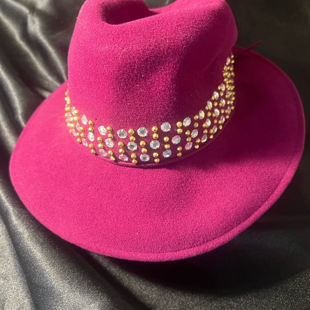 Vintage Adolfo II Rhinestone Magenta Womens Fedora 100% Wool Felt Hat NWTs